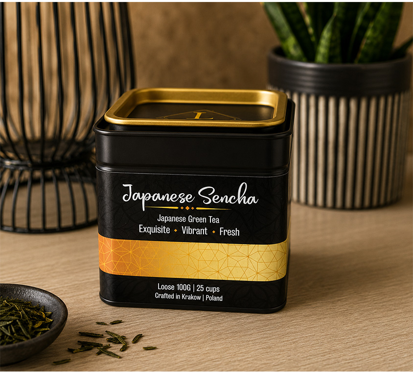 Sencha Premium Leo Tea – elegancka puszka, doypack i kubek prezentowy